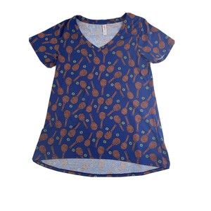 LuLaRoe Womens Top M Christy V-neck Tee Tennis Racquets Balls Cobalt Blue